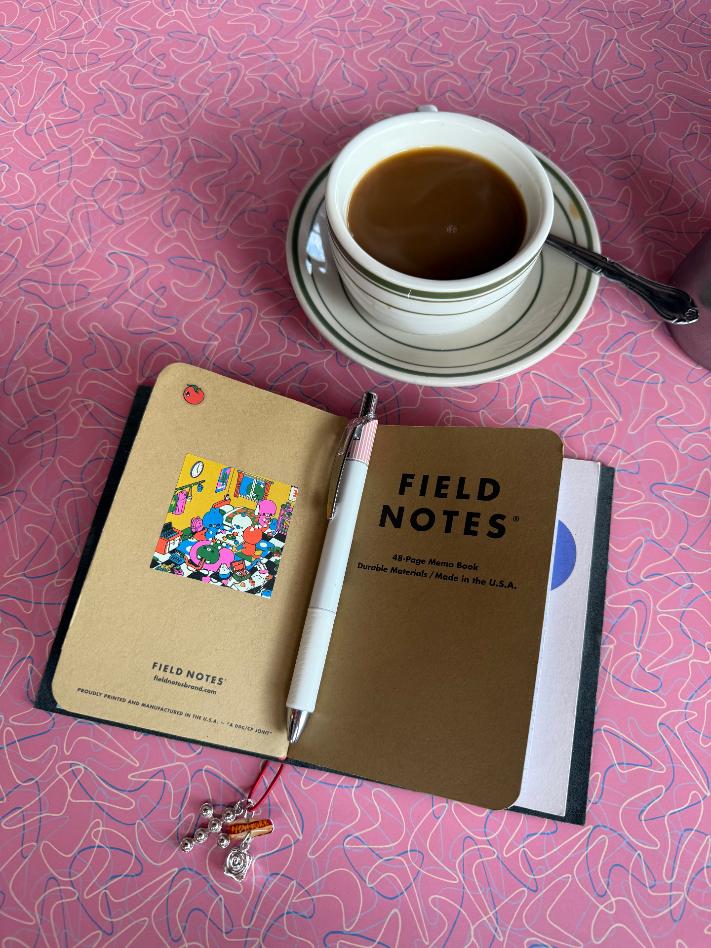 field notes open next to a cup of coffee