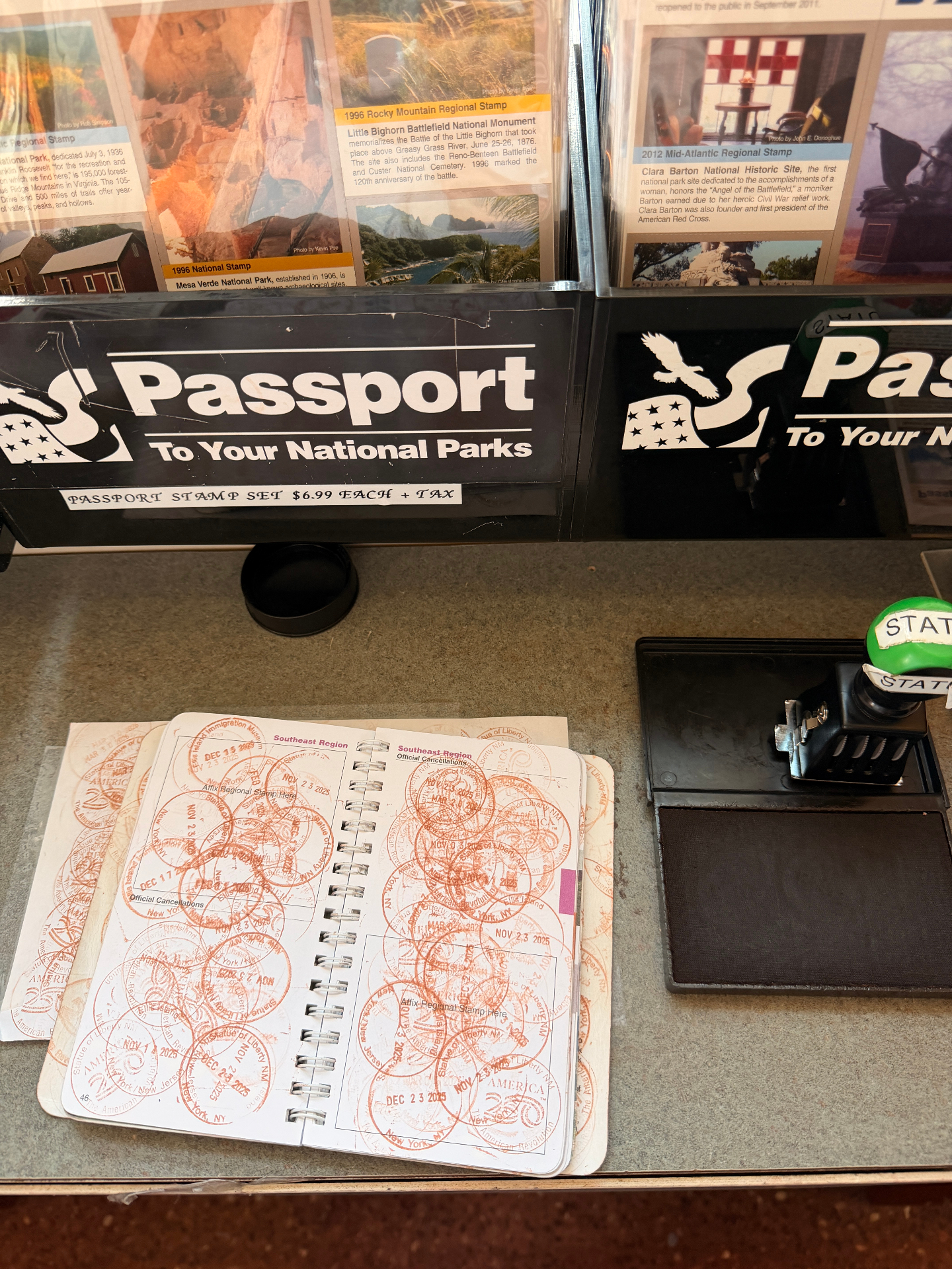passport stamps spread at a national parks station